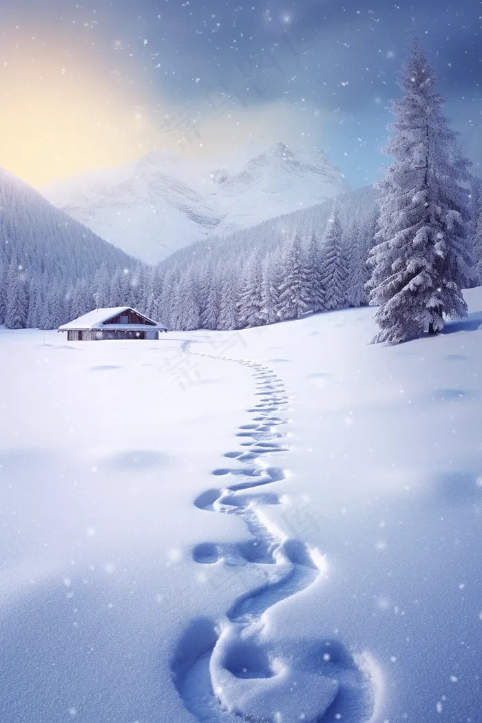 冬季高原雪山木屋雪景摄影图(2688x4032)