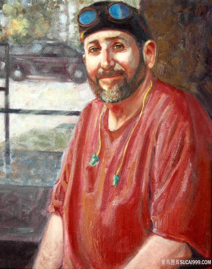 胡须男红衣短袖油画风景画