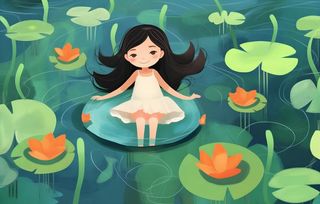 坐着荷叶上玩水的女孩插画背景