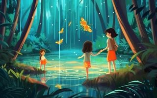 夜晚森林萤火虫蝴蝶插画背景