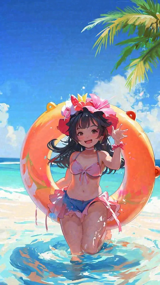 夏日阳光沙滩度假比基尼泳衣游玩旅行游泳插画，大暑小暑暑期(816x1456)