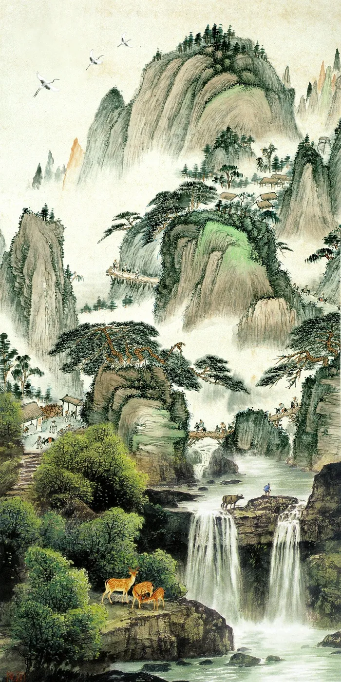 高山流水流水生财麋鹿山水花鸟装饰画