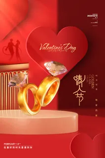 红色C4D情人节珠宝戒指海报 红色C4D情人节珠宝戒指海报