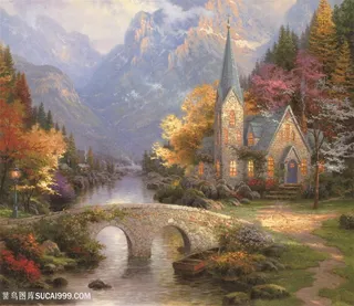 乡村美景水彩油画装饰画