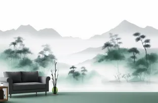 中国山水竹子水墨画绿色背景
