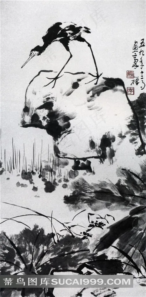 李苦禅水墨国画荷塘野鹭图