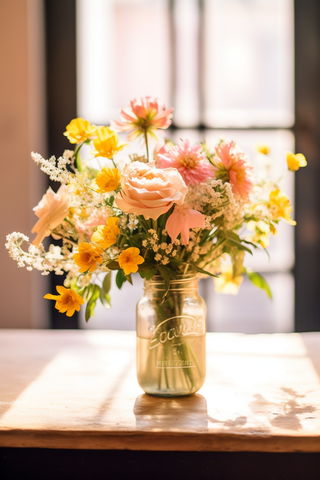 阳光下的透明花瓶插着鲜花美丽摄影图