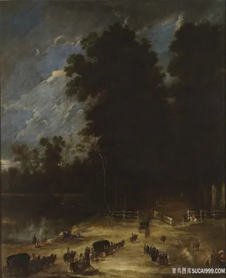 道路湖畔树林美景油画