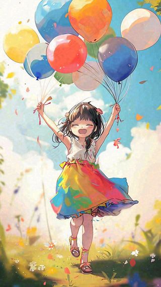 一个可爱的小女孩手里牵着彩色气球在草地上奔跑夏天，儿童节