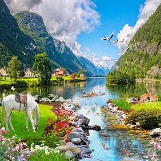 高山流水双马花卉风景 高山流水双马花卉风景