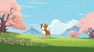 蓝天白云草坪樱花飘零小狗粉色花朵卡通插画素材背景