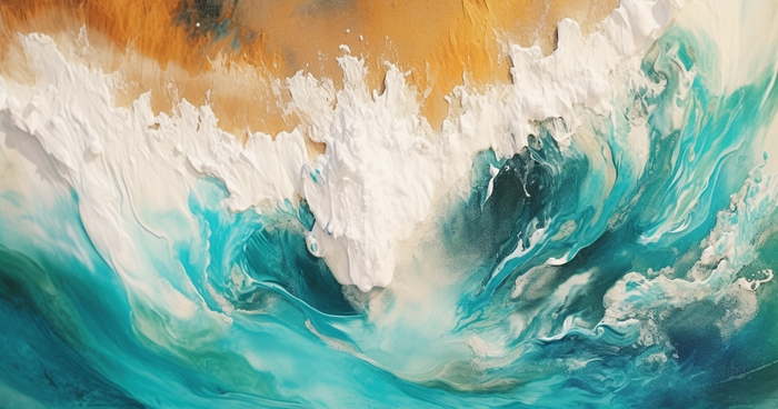 海浪拍打沙滩的水彩插画背景(4560x2400)