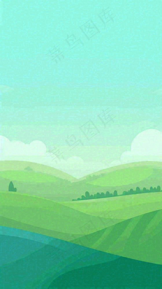 蓝天白云草地卡通扁平手绘插画春天绿色立春，春分(816x1456)