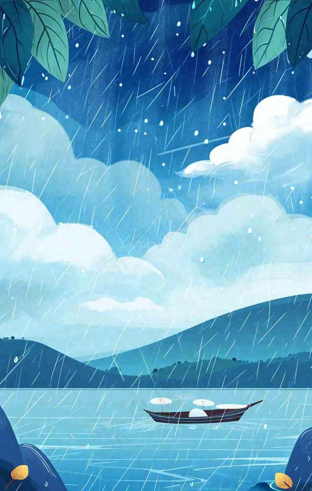 春天雨天湖面山脉小船植物花朵，雨水谷雨(864x1360)