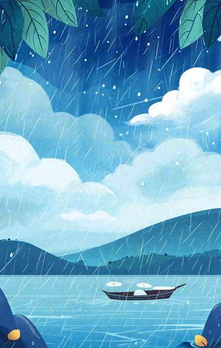 春天雨天湖面山脉小船植物花朵，雨水谷雨