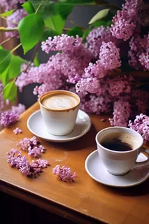 紫粉色鲜花书桌咖啡杯下午茶摄影图 