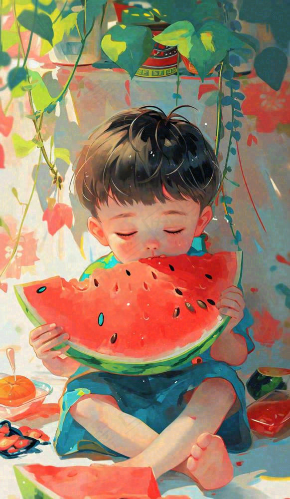 夏日清凉阳光男孩吃西瓜油画手绘插画，儿童节夏至大暑小暑(816x1400)