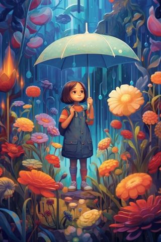 雨天女孩花海背景