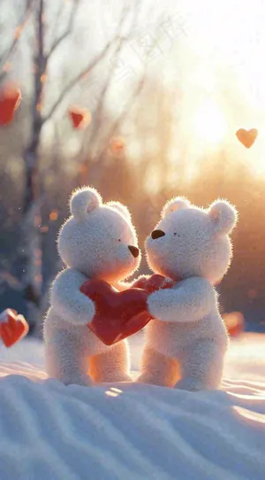 冬天雪地可爱小熊爱情情侣温馨，情人节520爱心摄影图