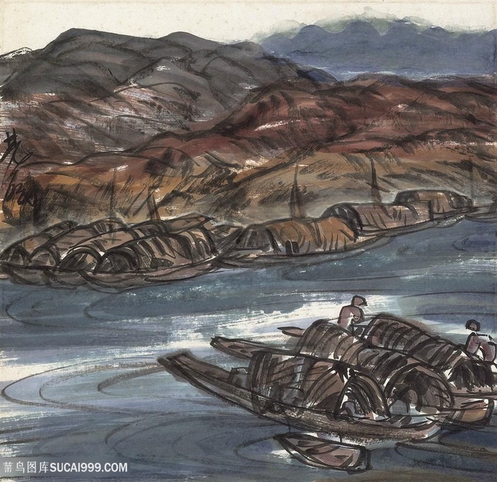 林风眠手绘唯美湖畔山脉插画