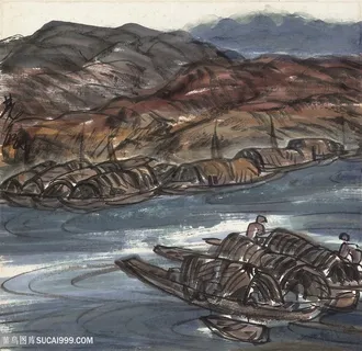 林风眠手绘唯美湖畔山脉插画