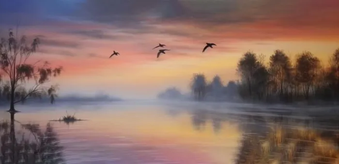 夕阳湖面倒影风光背景(1584x768)