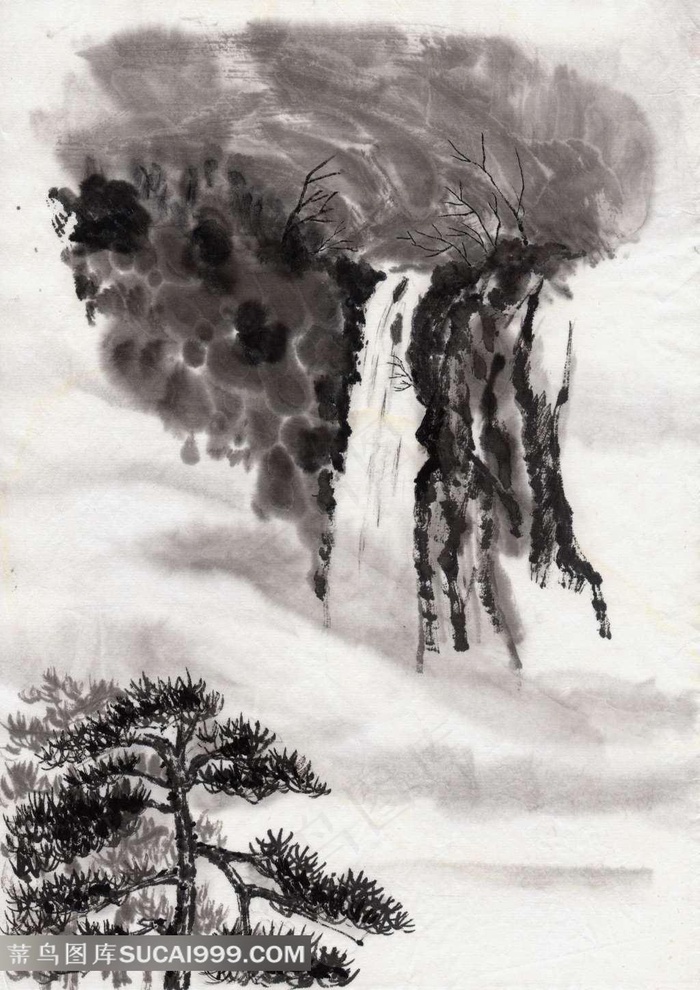 松树山水瀑布水墨画图片