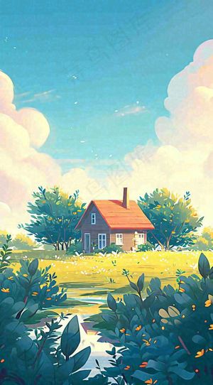 蓝天草坪上小屋房子在河流旁，河面倒影