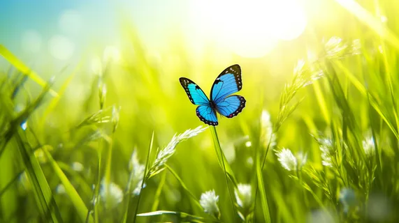 清晨阳光下的草丛飞的蓝色蝴蝶摄影图
