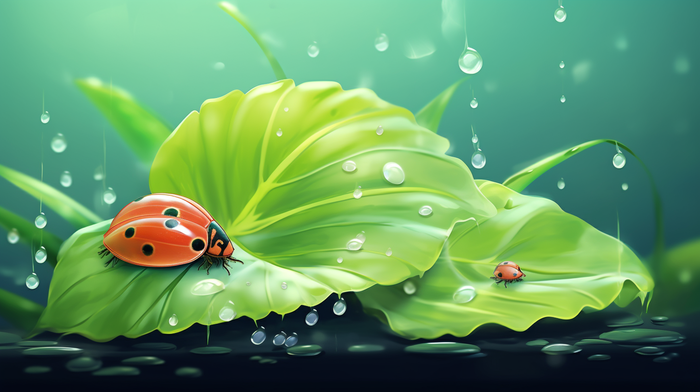 七星瓢虫在绿色叶子上露水卡通插画背景 (4368x2448)