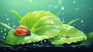 七星瓢虫在绿色叶子上露水卡通插画背景 