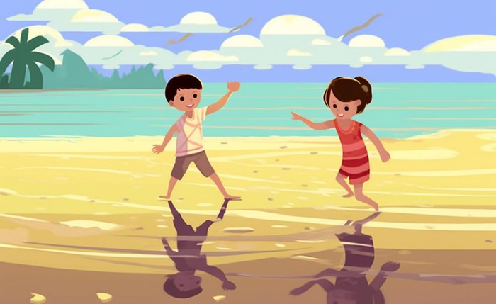 夏日沙滩儿童游玩插画背景(1408x864)