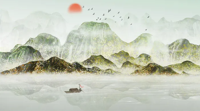 彩色水墨风景画PSD素材psd模版下载