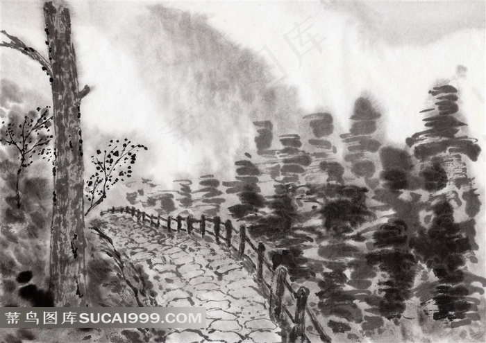 石头路和树木水墨画