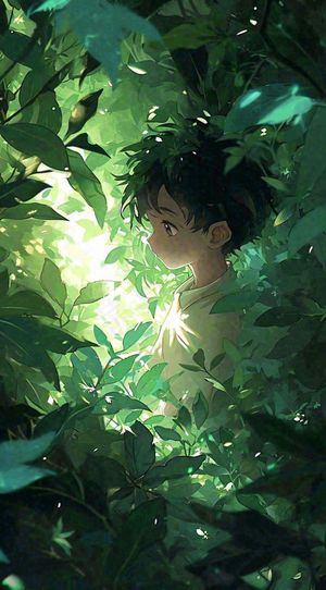 森林探险阳光绿叶男孩儿童，玩耍光照，插画手绘