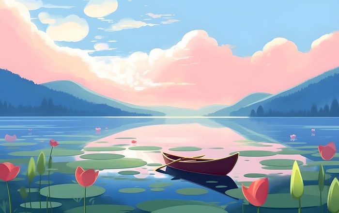 湖中泛舟山森林绿叶花风景插画海报素材背景(5504x3456)