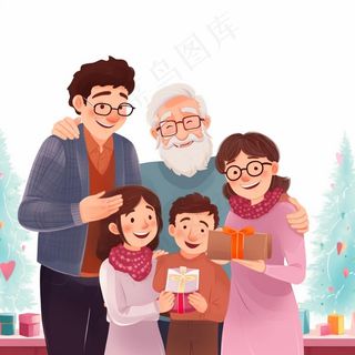 一家人家庭照礼物开心欢乐天伦之乐卡通插画素材背景