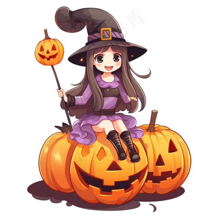 万圣节女巫南瓜灯捣蛋卡通插画免抠(1024x1024)