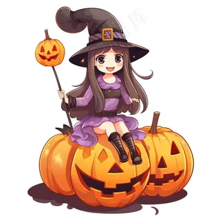 万圣节女巫南瓜灯捣蛋卡通插画免抠