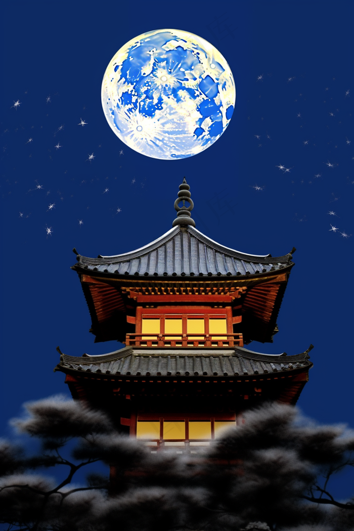 中秋夜晚圆月满月下的古建筑阁楼摄影图(2688x4032)