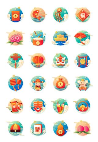 新年icon图标国潮传统喜庆春节年俗标签插画ai矢量按钮UI设计素材