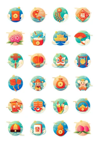 新年icon图标国潮传统喜庆春节年俗标签插画ai矢量按钮UI设计素材