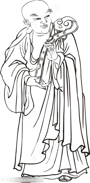 手托玉如意的僧人手绘线描108罗汉矢量绘画图片 手托玉如意的僧人手绘线描108罗汉矢量绘画图片