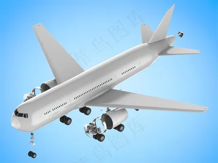 蓝色背景上的白色3d分解飞机高清图片