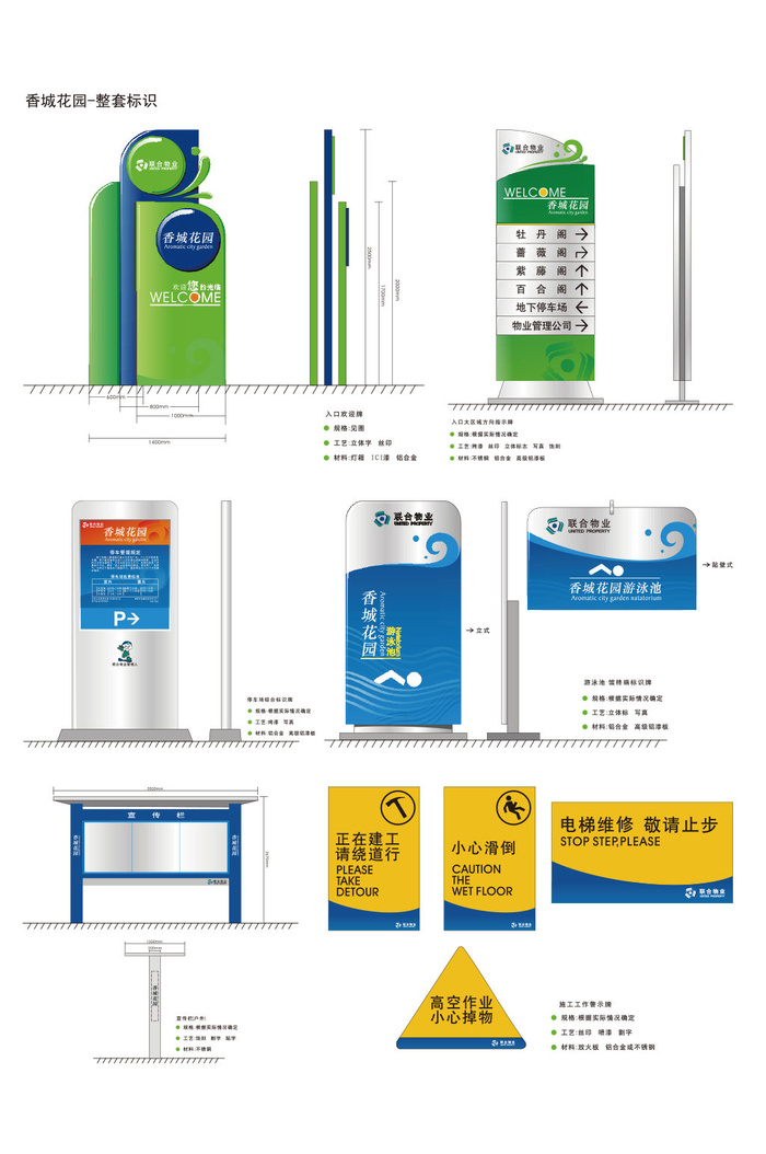 全套小区标识小区标牌导视牌设计ai矢量模版下载