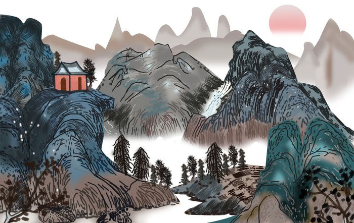 山峰庙风景画PSD素材psd模版下载