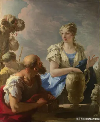 胡须老人与美女交流油画