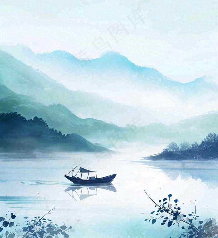 中国风意境湖面山脉云层山水画插画(1024x1120)