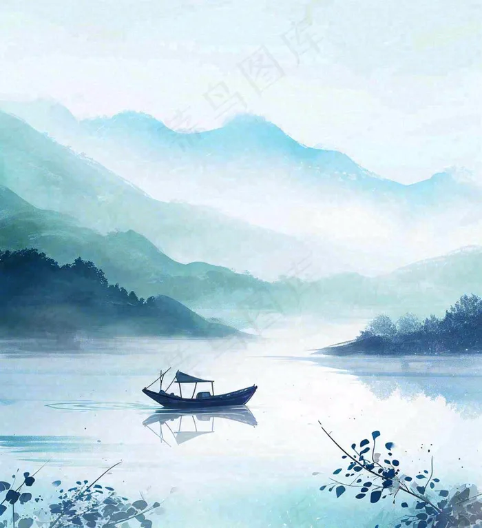 中国风意境湖面山脉云层山水画插画(1024x1120)