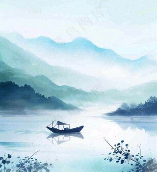 中国风意境湖面山脉云层山水画插画